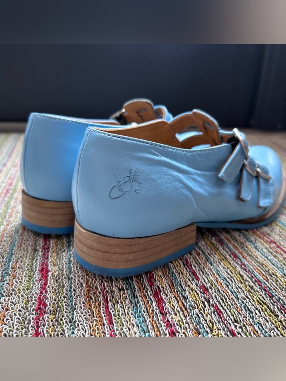 Fluevog EXCELLENT Biblio McPhee baby blue leather triple t-strap buckle shoe -12 - Picture 4 of 16